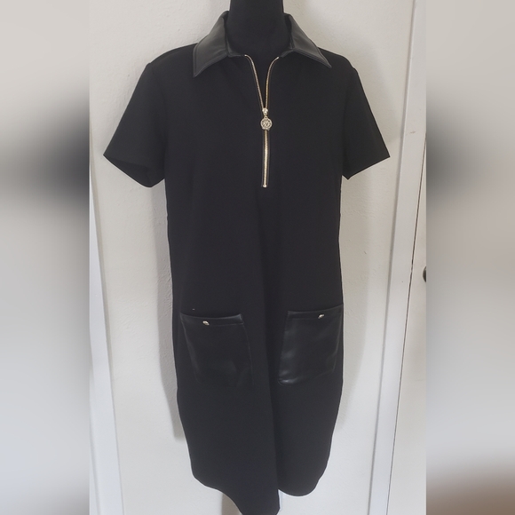 Anne Klein Black Short Sleeve Dress with Leather Like Accents - Picture 1 of 9